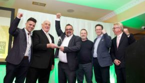 The team from An Púcán celebrate their win with Senator Billy Lawless (2nd left) and (far right) MC for the evening mediateam's John McDonald.