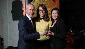 From left: Bernard Walsh (Walsh Distillery) and Sarah Finney (Irish Whiskey Society) with Clare Minnock of Walsh Distillery which was awarded a Gold Medal for The Irishman Founder's Reserve Marsala Finish in the Irish Single Cask category at the Irish Whiskey Awards 2017 which took place in Jameson Distillery Bow Street, Smithfield, recently.