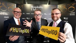 From left: Chief Executive of Hospitality Ulster Colin Neill, Mentalist David Meade and the Chairman of Hospitality Ulster Mark Stewart at the launch of Hospitality Ulster’s inaugural Top 100 Hospitality Businesses Awards at the Merchant Hotel, Belfast, recently.