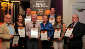 Eastern Award-winners (front Row, from left): Eugene McGovern, The Terrace at Dinn Rí; Leigh Williams, Mickey Finn’s; Tom Joe Bradley, Clancy’s Bar; Molly Boland, Dan & Molly’s; Aisling Moore, The Central Bar and the VFI’s Paddy Brereton representing The Bog Road.