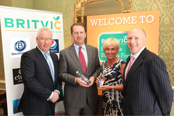 At the launch of the new 330ml Ballygowan bottle were (from left): Commercial Director for Britvic Licensed Wholesale Finbarr O’Doherty; LVA Vice Chairman Enda Keogh; Head of Marketing at Britvic Licensed Wholesale Debbie Vard and LVA Chief Executive Donal O’Keefe.