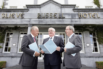 From left: Keynote speaker and former Chief Executive of Quinnsworth, Tesco and the C&C Group Maurice Pratt with VFI President Gerry Mellett and VFI Chief Executive Padraig Cribben at the launch of Options 4 Recovery at the Slieve Russel Hotel, Cavan.