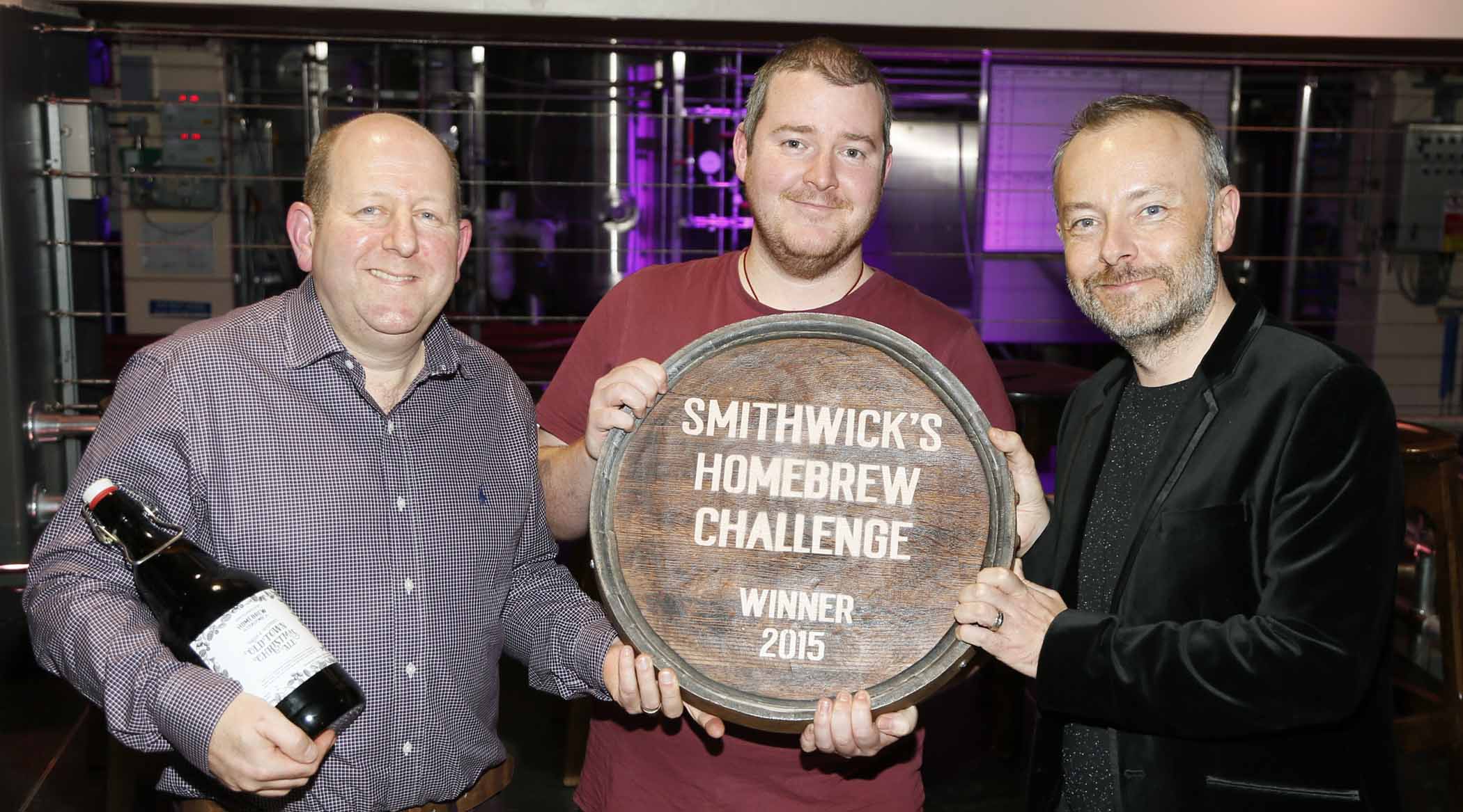 From left: Winners Brian Mooney and Stephen Ryan with radio personality Rick O'Shea at the Smithwick’s Homebrew Challenge Finalé held at the Open Gate Brewery recently.