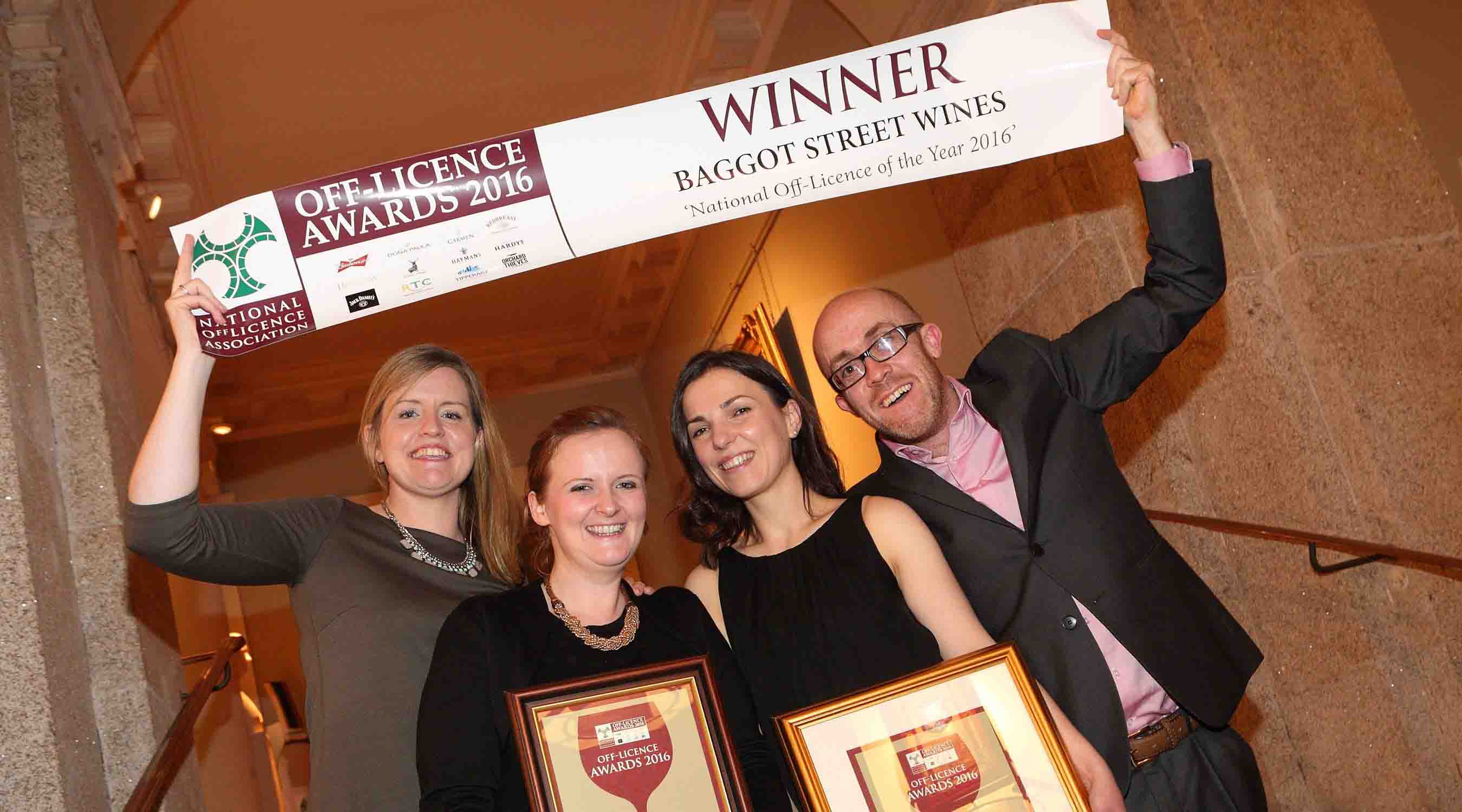 Baggot Street Winners (from left): Catherine Noakes, Alison Noone, Aga Niemiec and Garret Connolly of Baggot Street Wines who picked up the Award for Best Off-Licence in Ireland 2016 at the NOffLA awards at the Kings’ Inns in Dublin.
