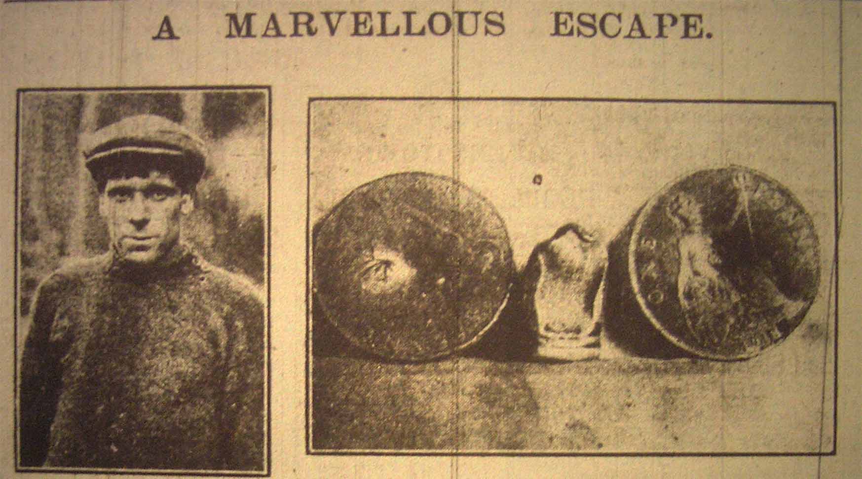 The Cork Examiner of 5th August 1920 published the story headed 'A Marvellous Escape' accompanied by a photograph of McSweeney, the bent bullet and the dented coins.