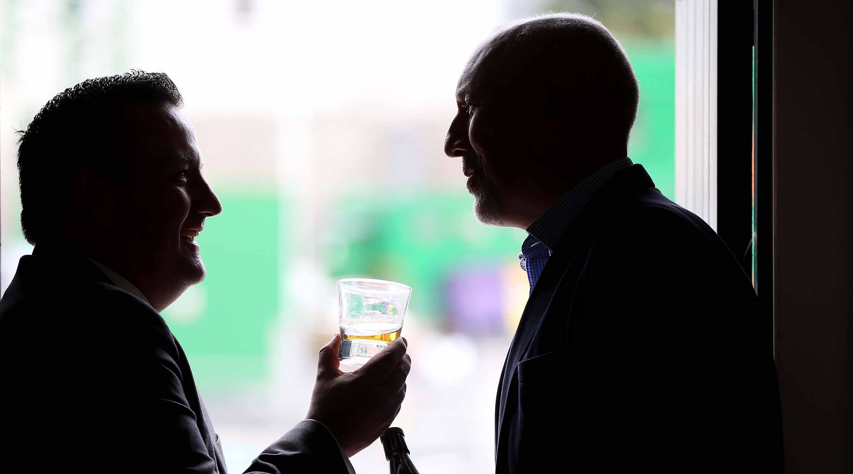 From left: Darryl McNally, General Manager and Master Distiller of Dublin Whiskey Company and Quintessential Brands’ Chief Executive Warren Scott toast the acquisition announcement.