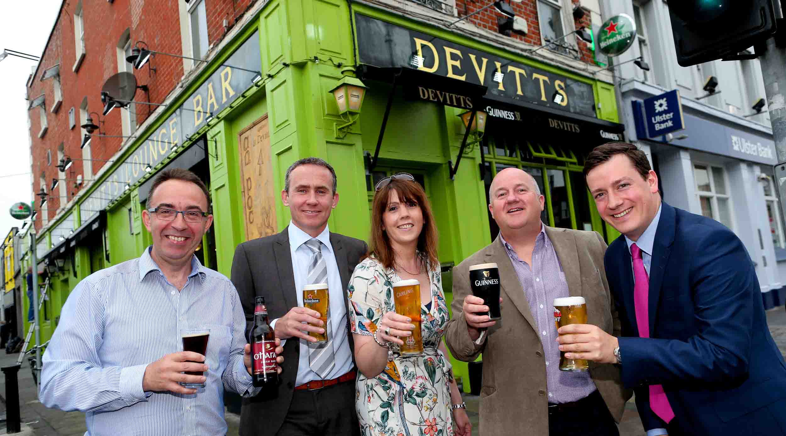 Perfect launch – Launching the Irish Brewers Association's new technical dispense programme are (from left): IBA Chairman and Carlow Brewing Company Founder Seamus O'Hara, IBA’s Technical Committee Chairman and QA & Asset Manager at Heineken Ireland Ian Reidy, LVA Chair and owner of Devitt’s bar Deirdre Devitt, Quality Operations Manager at Diageo Dave Duggan and IBA Head Jonathan McDade.