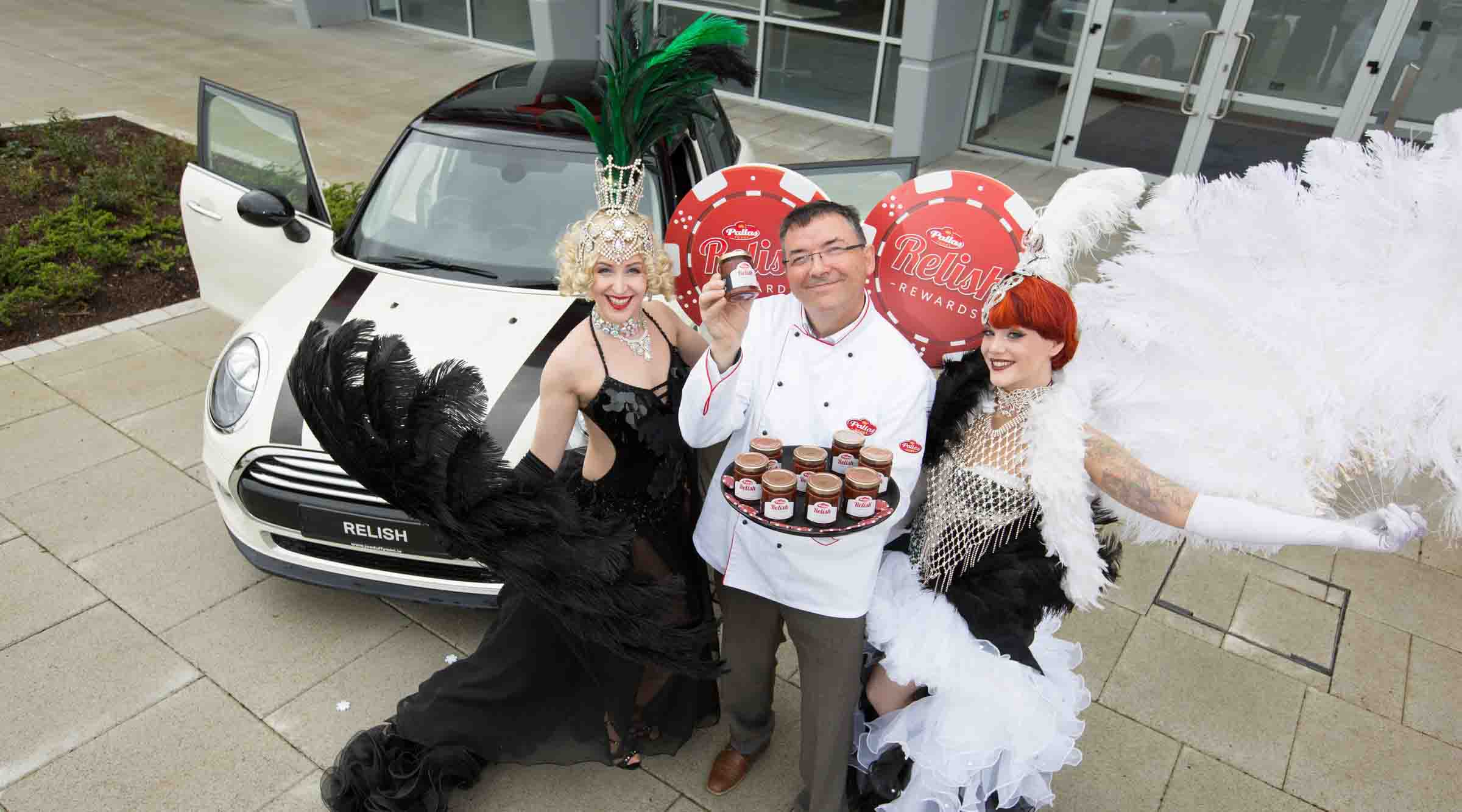 Las Vegas showgirls Foxy P Cox and Azaria Starfire with Pallas Foods’ Development Chef Patrick Clement celebrating the launch of Pallas Foods latest customer loyalty scheme Relish Rewards.