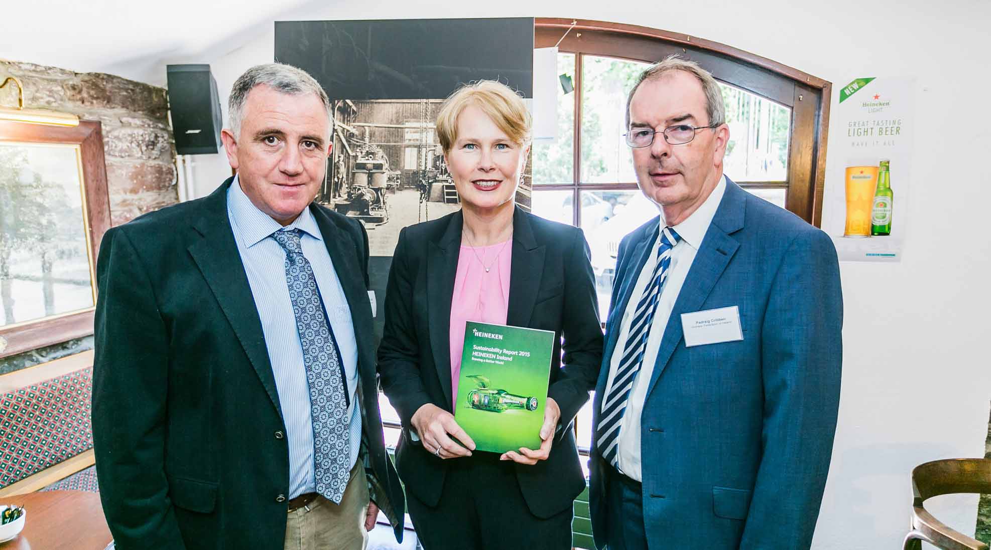 At the launch of its 2015 sustainability report as part of Heineken Ireland’s 160th anniversary are (from left): VFI County Chairman Michael Farrell with Heineken Ireland Chief Executive Maggie Timoney and VFI President Padraig Cribben.