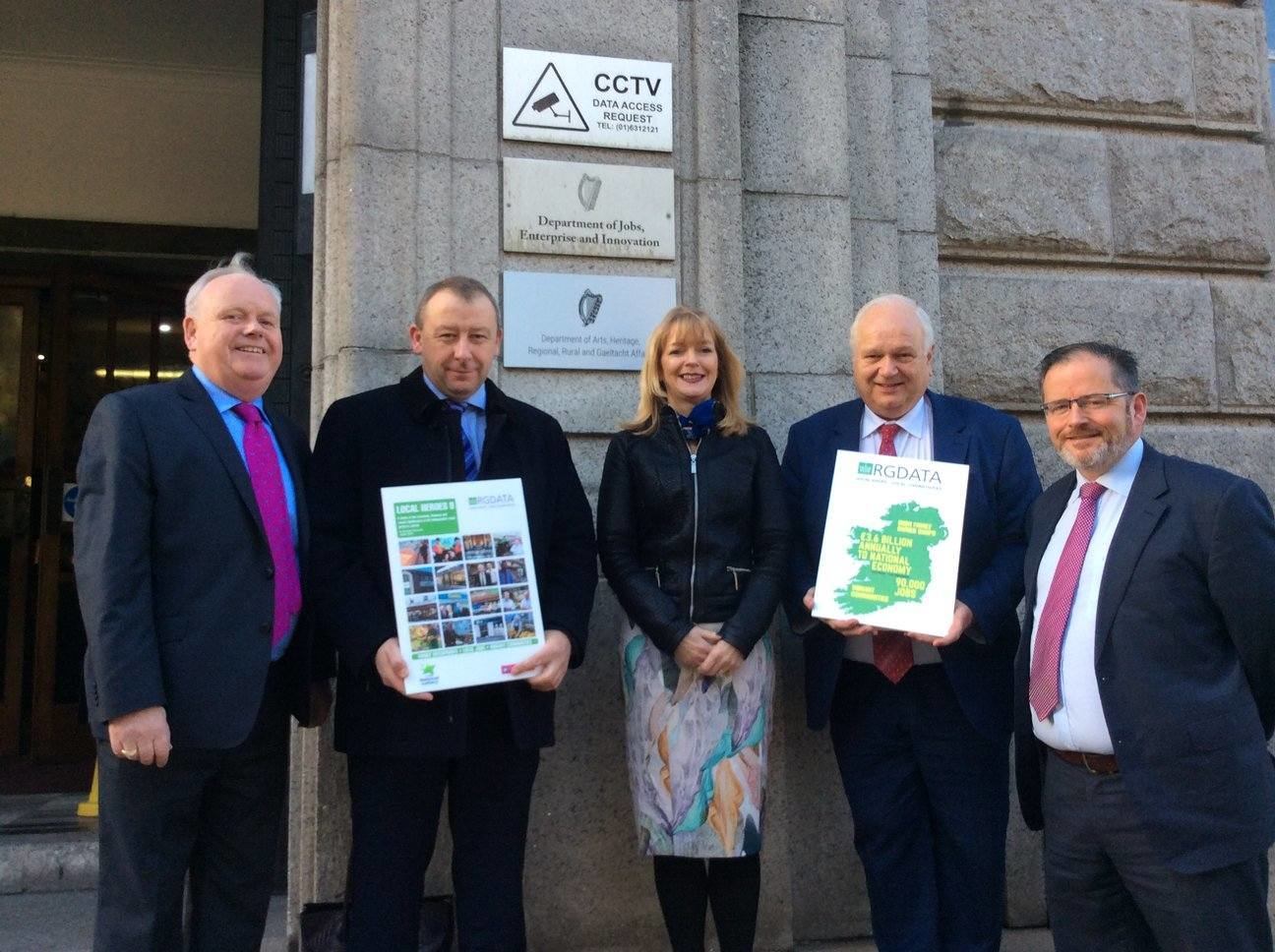 Meeting the Minister: From left: John Foy from SuperValu in Cootehill, Co Cavan; Colin Fee from MACE, in Dundalk, Co Louth; RGDATA Director General Tara Buckley; Gordon Fleming from SuperValu in Monaghan and Dermot Evans from SuperValu in Clones, Co Monaghan.