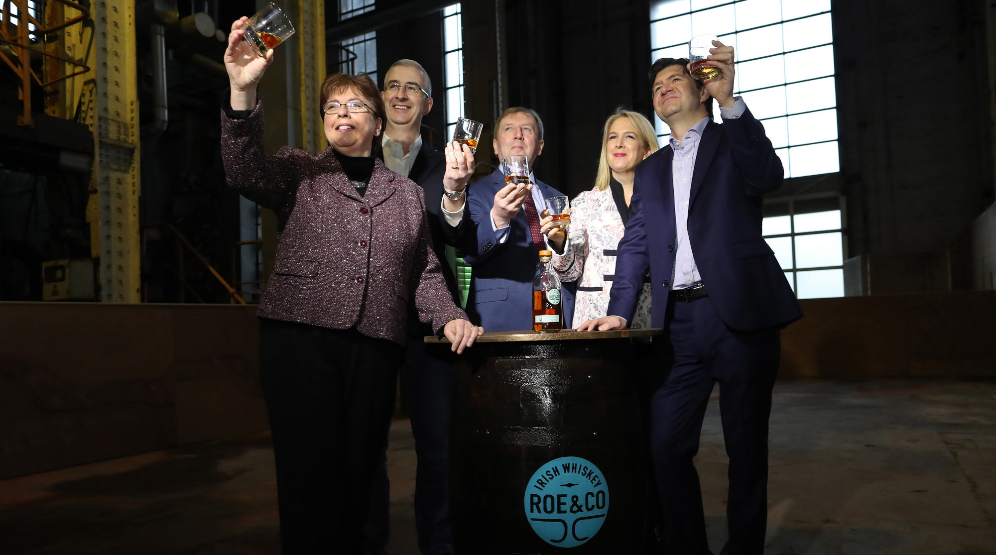 Toast to Roe (from left): Diageo’s Master Blender Caroline Martin, Diageo's Operations Director Colin O' Brien, Minister for Agriculture Michael Creed, General Manager of Reserve Europe Tanya Clarke and Diageo Ireland's Country Manager Oliver Loomes at the announcement today in St James’s Gate.