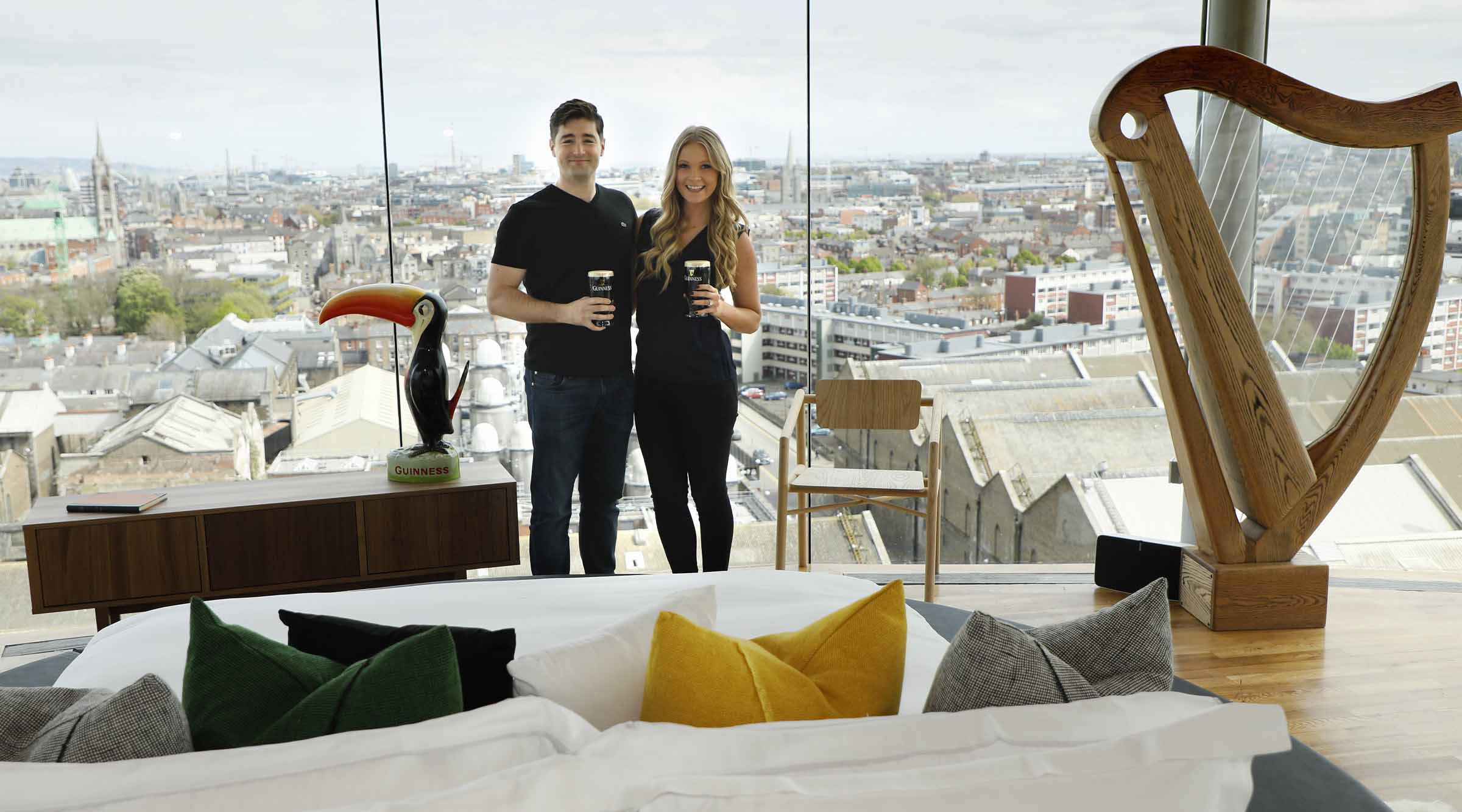 James and Kaitlin Morrissey from New York enjoy the 360 degree view from the Gravity Bar at the Guinness Storehouse, Dublin.