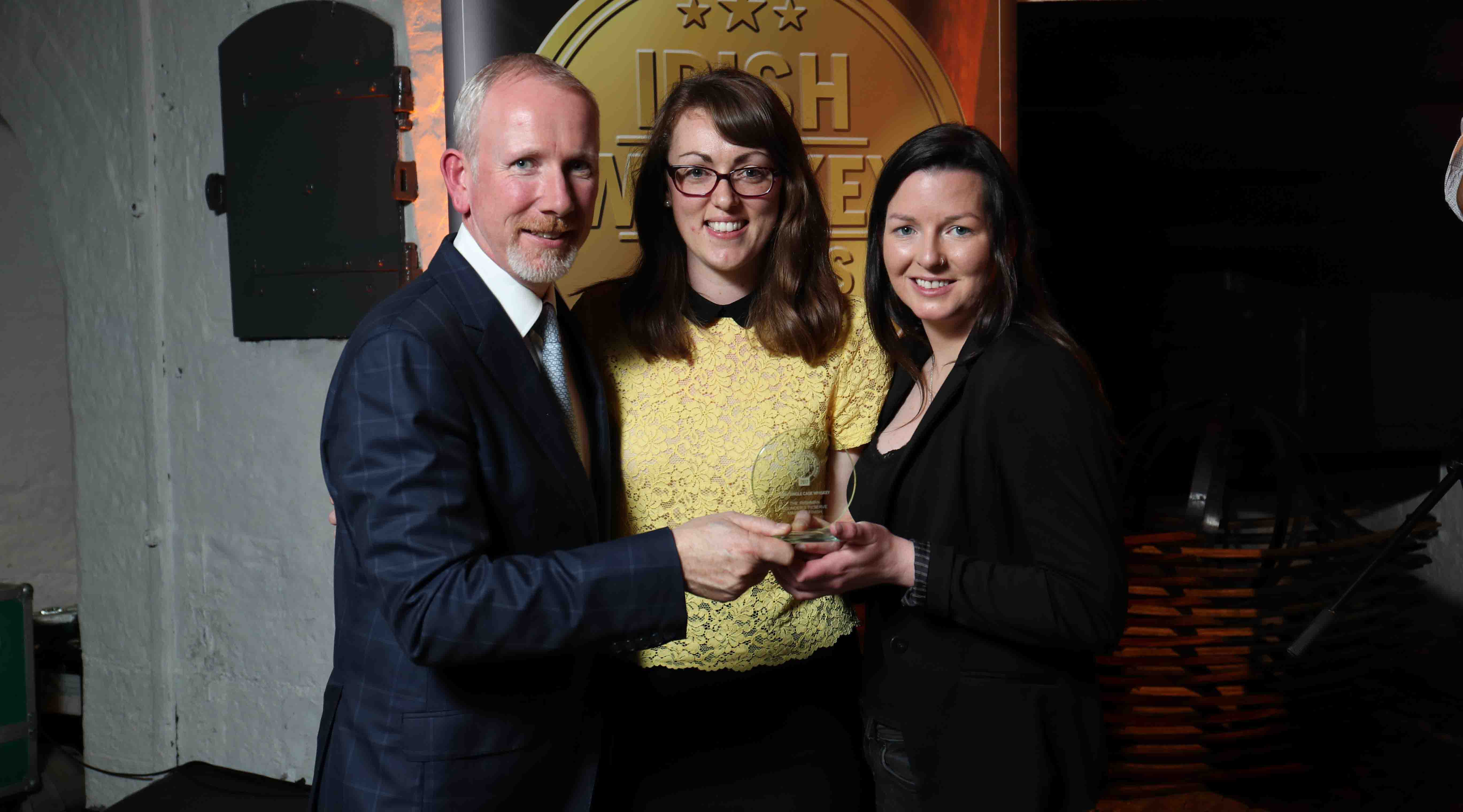 From left: Bernard Walsh (Walsh Distillery) and Sarah Finney (Irish Whiskey Society) with Clare Minnock of Walsh Distillery which was awarded a Gold Medal for The Irishman Founder's Reserve Marsala Finish in the Irish Single Cask category at the Irish Whiskey Awards 2017 which took place in Jameson Distillery Bow Street, Smithfield, recently.