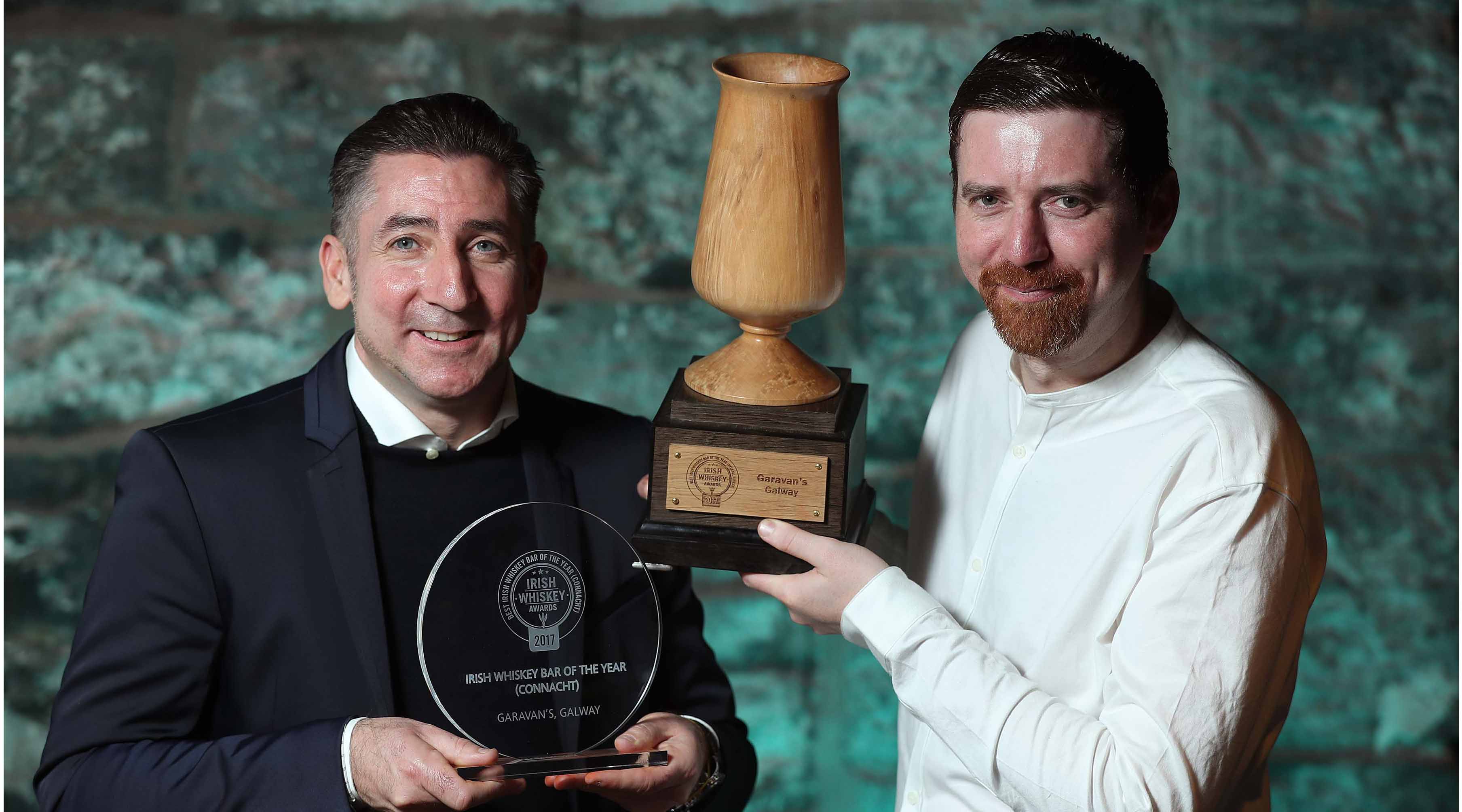 Overall Irish Whiskey Bar of the Year Award winners (from left): Paul Garavan and Darren Green both from Garavan’s in Galway at the 2017 Irish Whiskey Awards held in the Jameson Distillery, Bow Street, Dublin, last night.