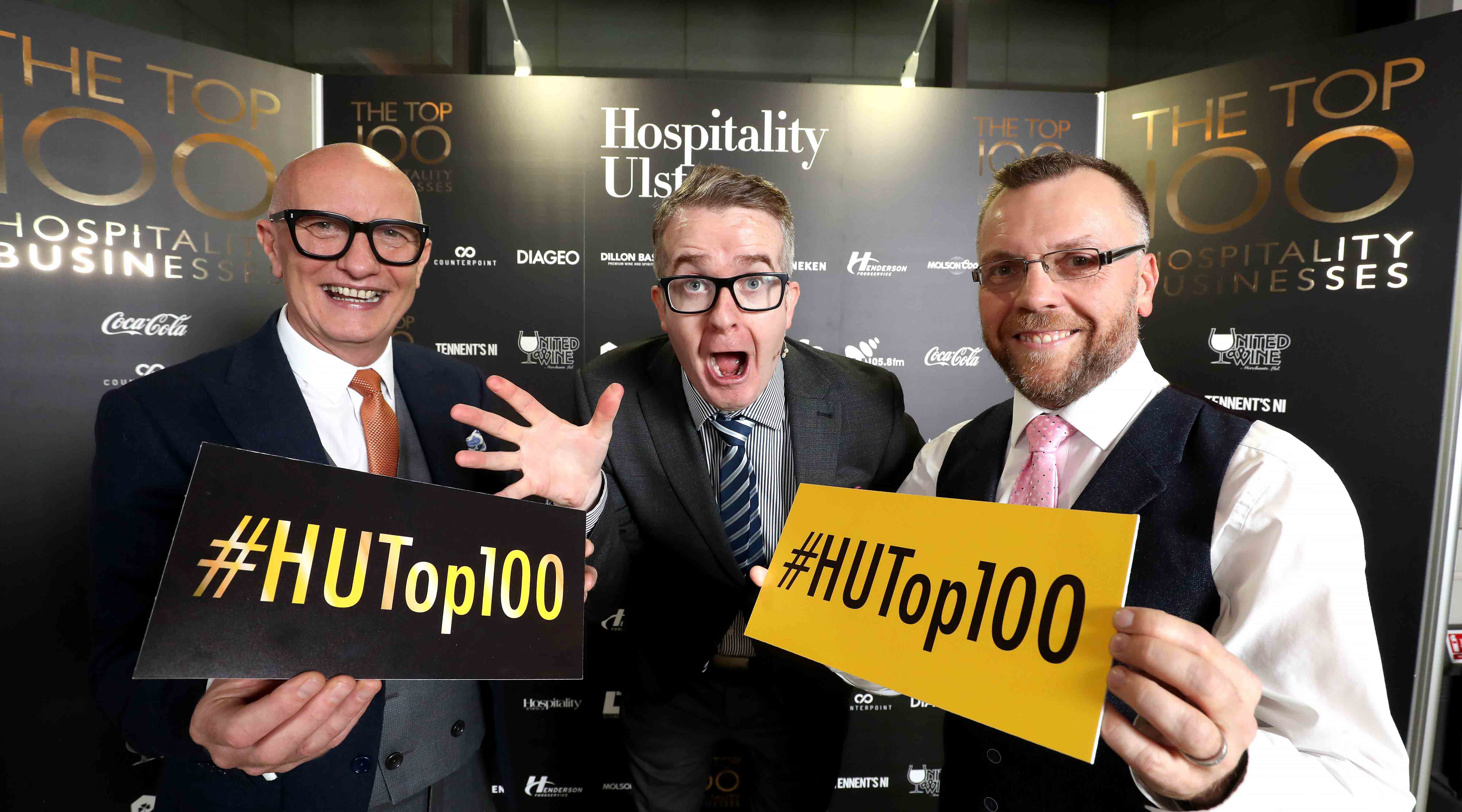 From left: Chief Executive of Hospitality Ulster Colin Neill, Mentalist David Meade and the Chairman of Hospitality Ulster Mark Stewart at the launch of Hospitality Ulster’s inaugural Top 100 Hospitality Businesses Awards at the Merchant Hotel, Belfast, recently.