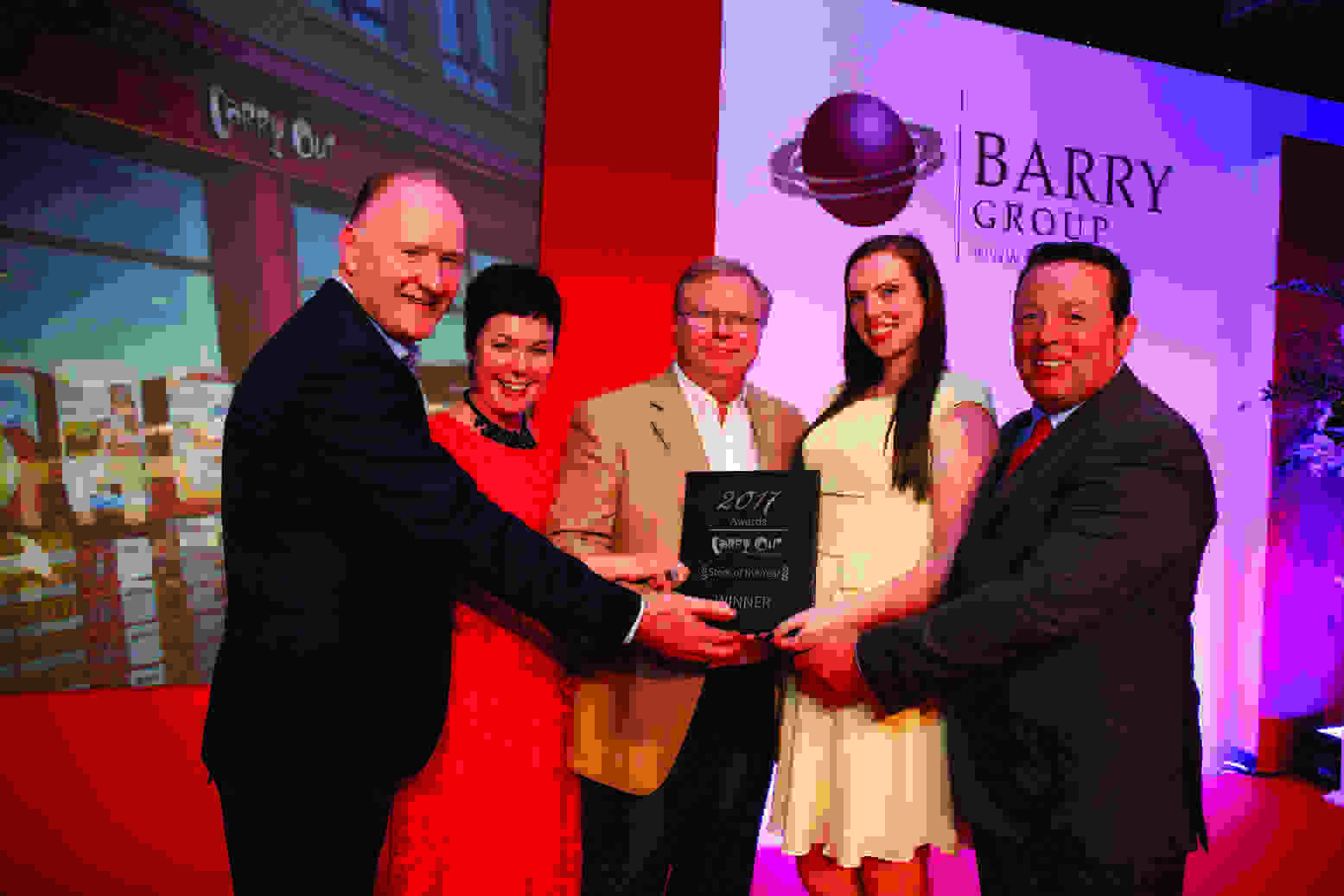 From left: Barry Group Managing Director Jim Barry, Barry Group Sales Director Edwina Lucey, Kevin O’Brien & daughter Caoimhe O’Brien of Carry Out, Tyrellstown, who accepted the Overall Award for the Carry Out Store of the year, with Carry Out’s Head of Sales David O’Keeffe.