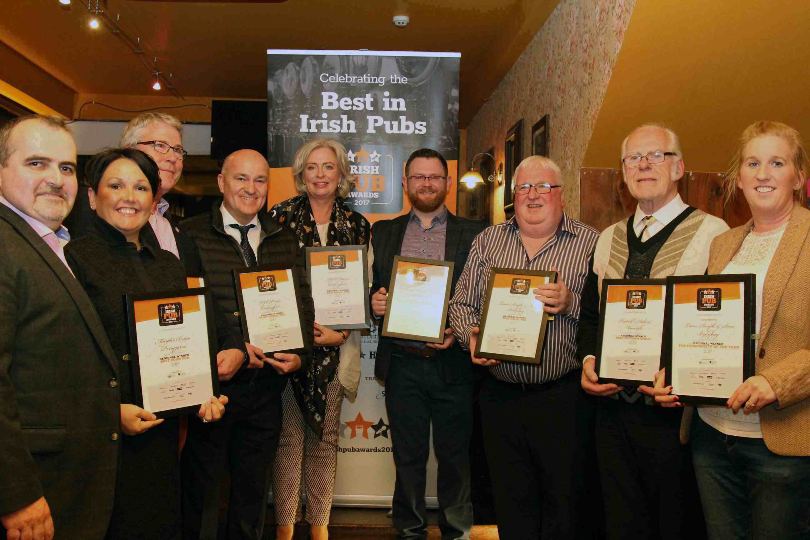 North Eastern Regional Finalists (from left): Fergus & Susan Murphy from Murph’s Bistro; Greg Gormley, Russells Saloon; Michael and Bernadette Heaney, PJ O’Hare’s; Damien O’Donnell, Warerhouse, Bar & Kitchen; Liam Smyth of Liam Smyth & Son; Noel Gormley, Russells Saloon and Linda Smyth (Liam Smyth & Son) .