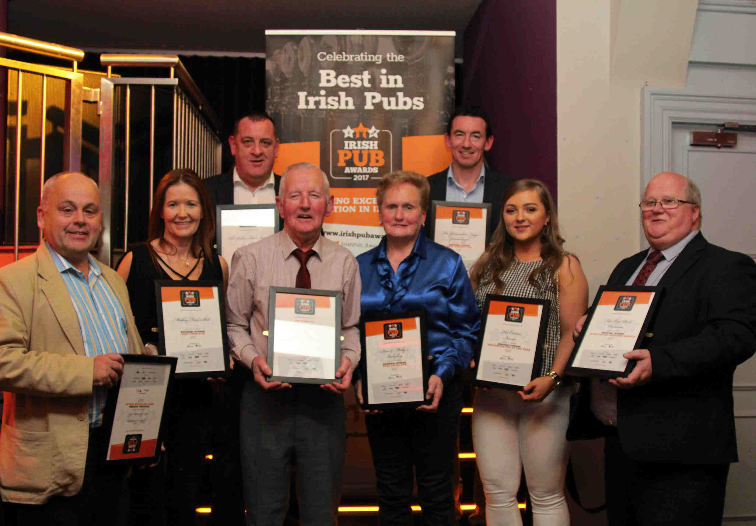 Eastern Award-winners (front Row, from left): Eugene McGovern, The Terrace at Dinn Rí; Leigh Williams, Mickey Finn’s; Tom Joe Bradley, Clancy’s Bar; Molly Boland, Dan & Molly’s; Aisling Moore, The Central Bar and the VFI’s Paddy Brereton representing The Bog Road.