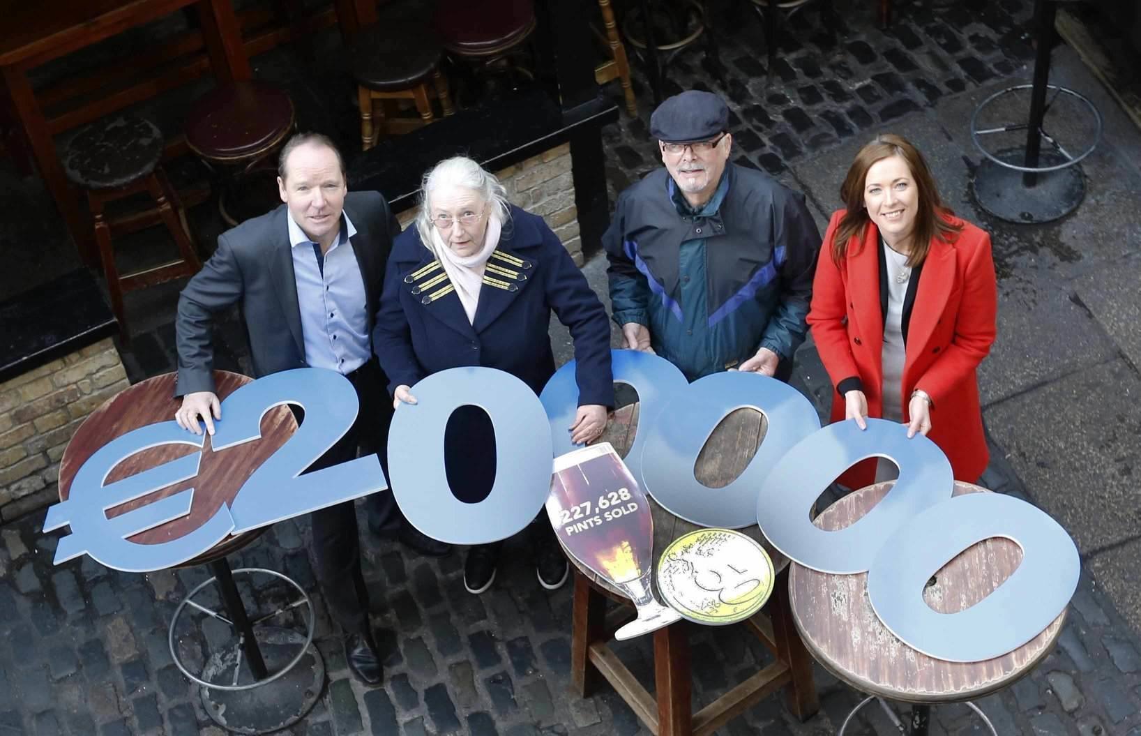 From left: LVA Chairman John Gleeson, Alone Service users Annette Egan and Christopher Jackson with Diageo Sales Director Ann-Marie Phillips at the Brazen Head pub where the LVA announced It had raised €200,000 for Alone to celebrate 200 years of Dublin Pubs.