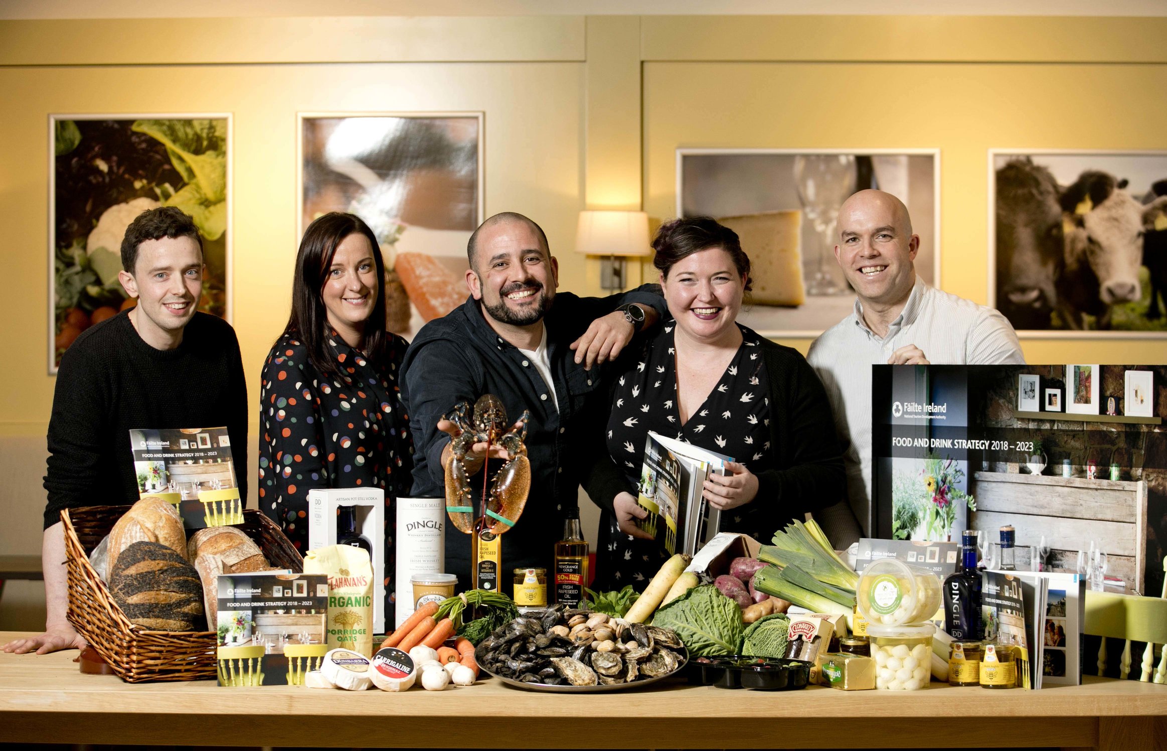 Food Ireland Champions (from left): Chris Molloy of the Lemon Tree Restaurant in Letterkenny, Fáilte Ireland’s Sinead Hennessy, Niall Sabongi of Klaw restaurant in Dublin, Seáneen Sullivan of Dublin's L Mulligan Grocer pub and Mark Murphy of Kerry’s Dingle Cookery School at the launch of Fáilte Ireland’s 2018-2023 report.