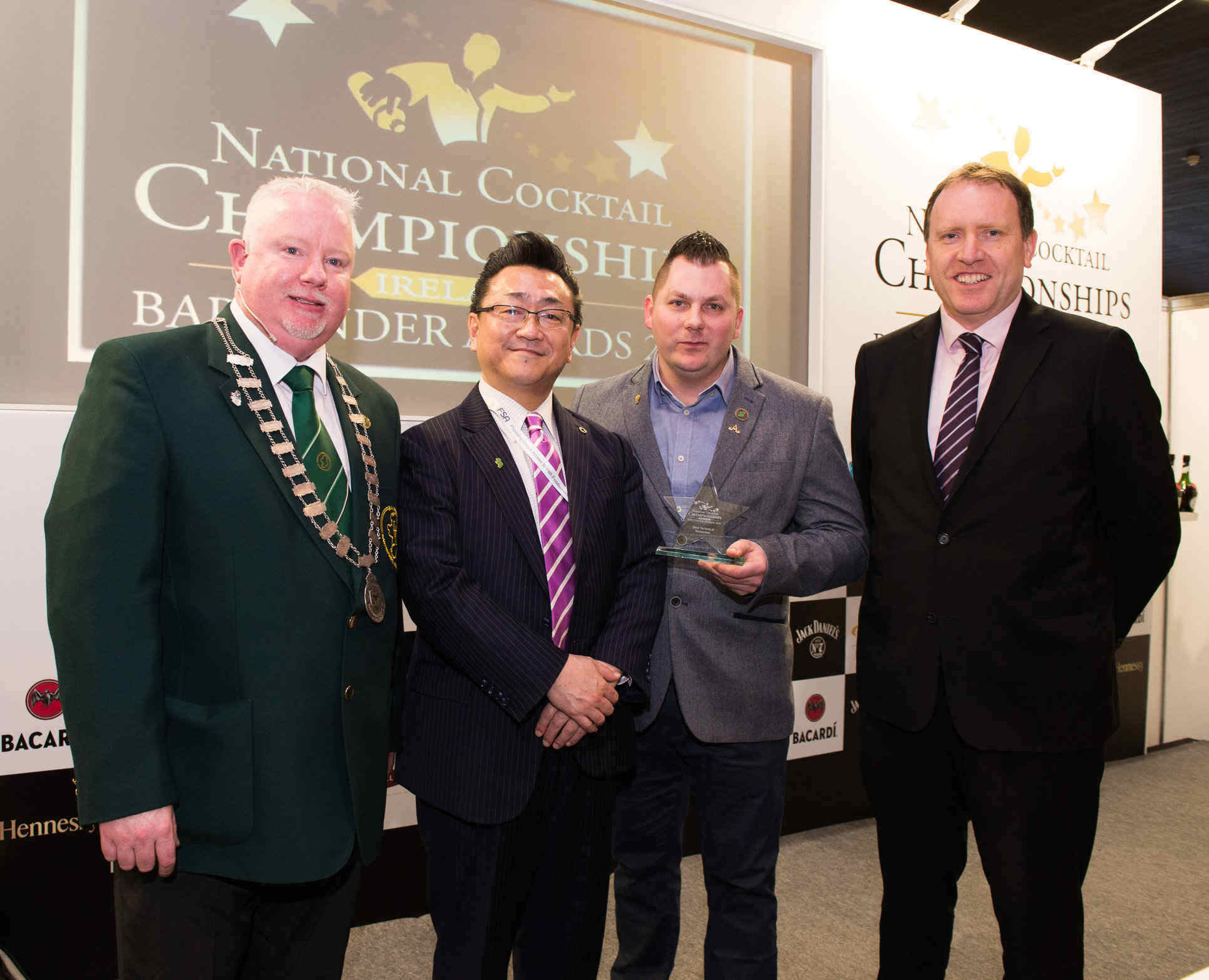 From left: BAI President Declan Byrne, Cocktail Judge Hidetsugu Ueno, winner Ariel Sanecki of Adare Manor Hotel and Edward Dillon’s John Cassidy.