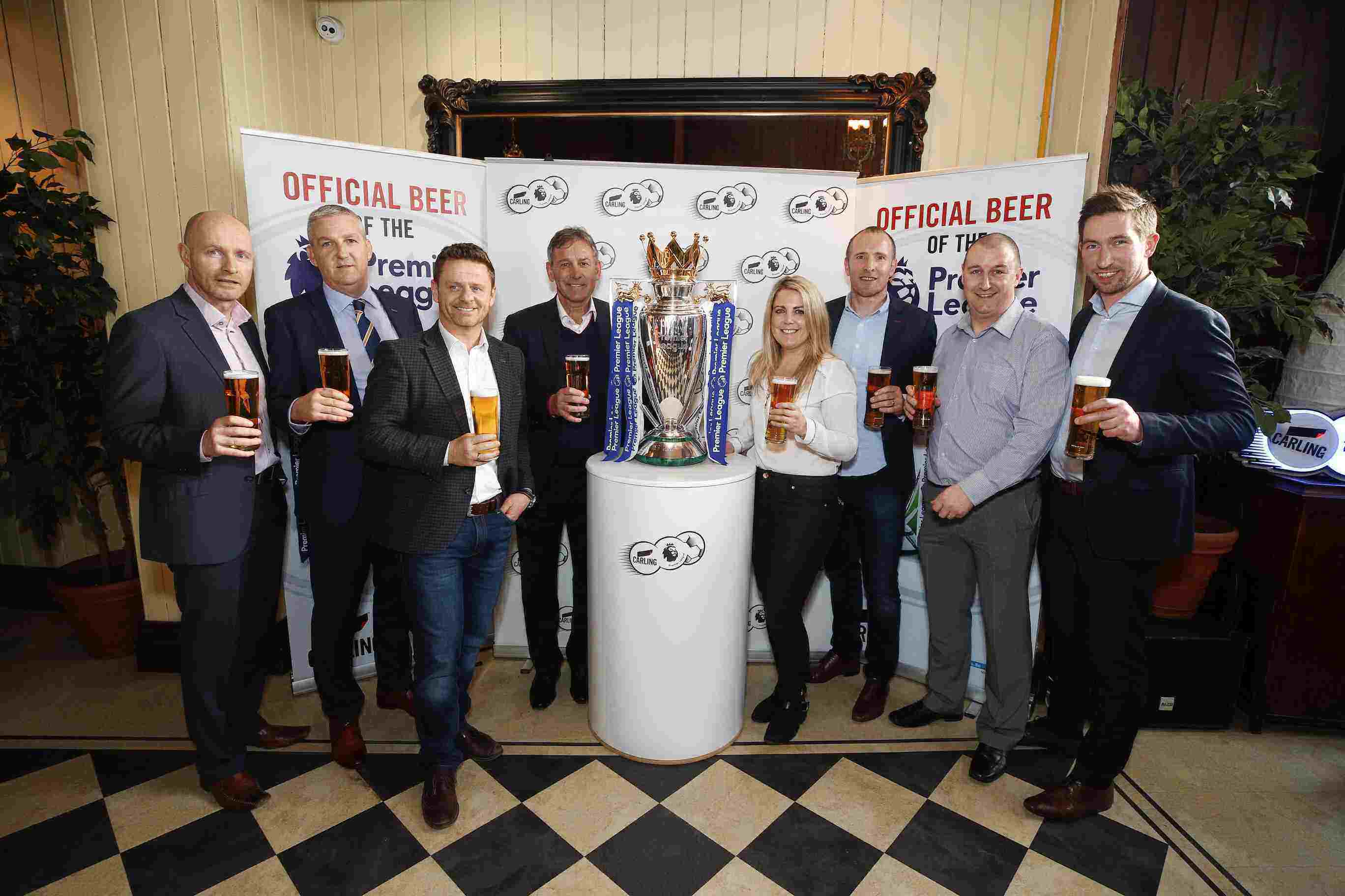 Members of the Molson Coors team at the launch of Carling's Play On A Premier League Pitch competition (from left): Keith Fagan, Leo Brennan, Des McCann, Bryan Robson, Jordana Busby, Ronan O’Hagan, Simon Dease and Colm O’Gorman.