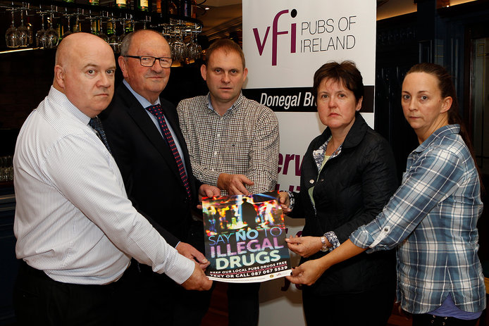 Members of the Donegal VFI at the launch of the drugs awareness campaign in association with An Garda Síochána. From left, Garda Detective Inspector Pat O’Donnell, VFI President Padraic McGann, Donegal Branch VFI Chairman Martin Gibbons, NEC member Alice Lynch and Donegal VFI Secretary Martina Barrett. 