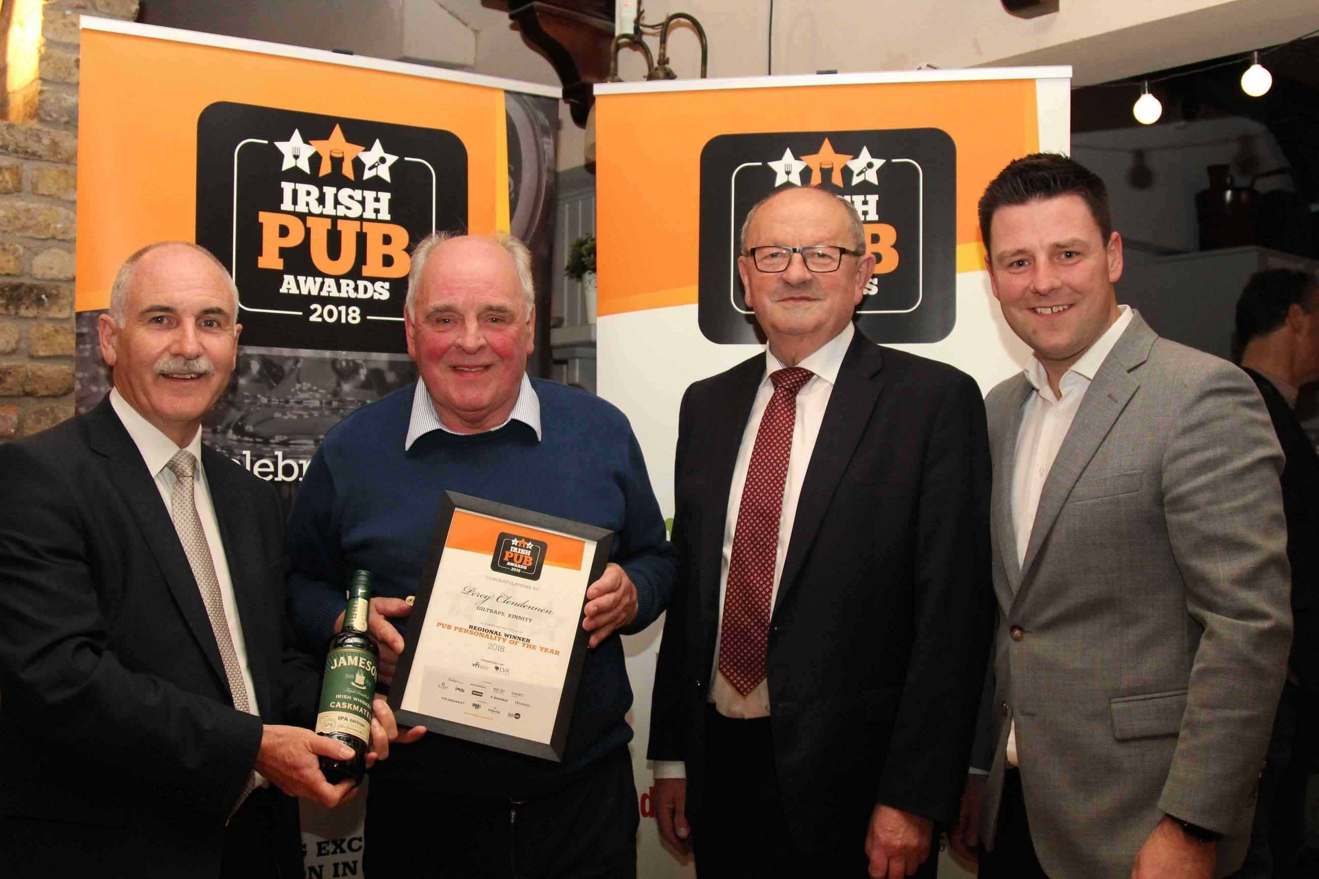 At the East Region Finals were (from left): IDL-Pernod Ricard’s Pat Flynn with the East Region Pub Personality of the Year Percy Clendennen, VFI President Padraic McGann and John Clendennen of Giltraps in Kinnitty, County Offaly.  