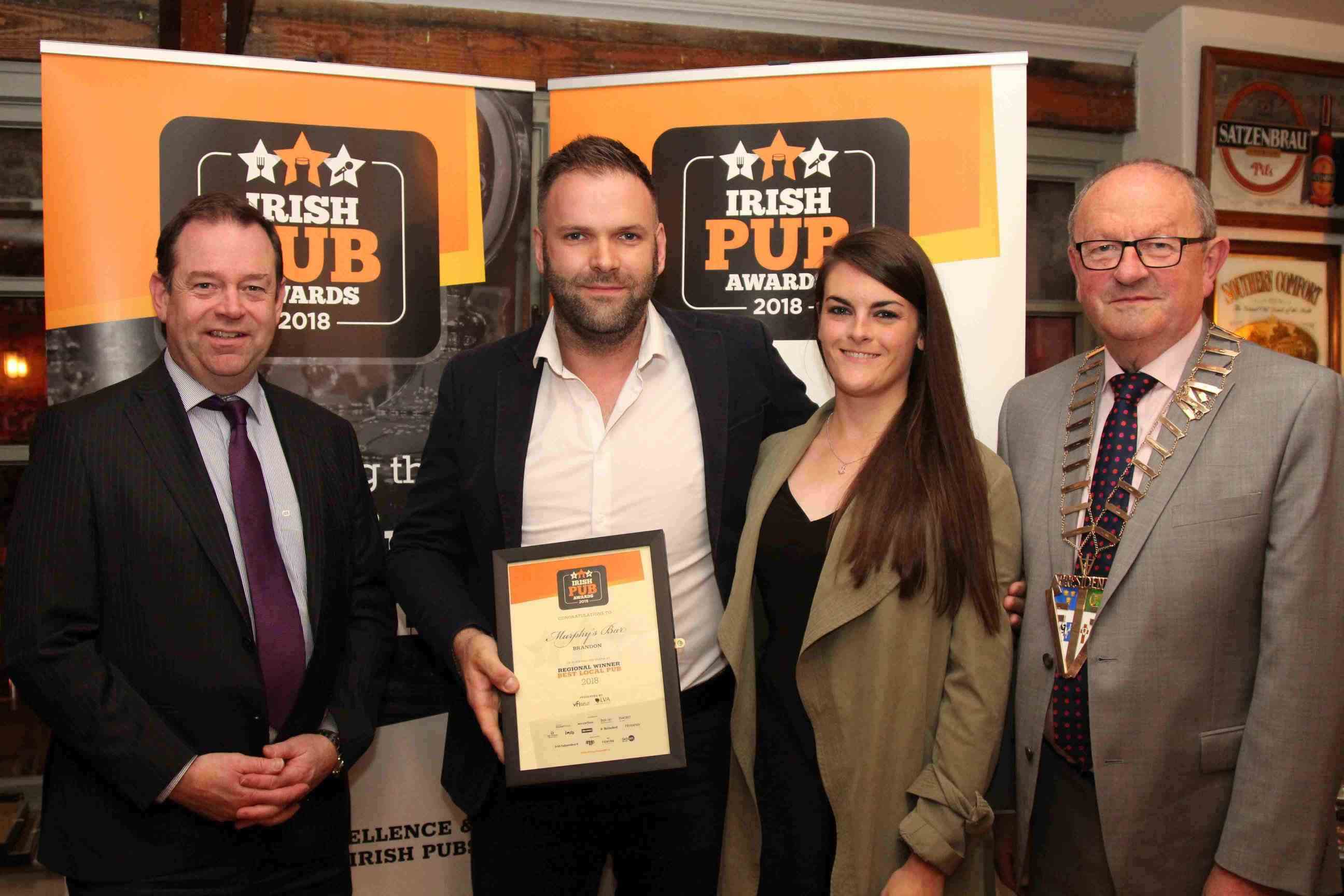 Murphy’s Bar was declared the Best Local from the South West. From left: Diageo’s Ken O’Dea, Padraig Murphy and Jessica Conneely of Murphy’s Bar, Brandon, Co Kerry and VFI President Padraic McGann.