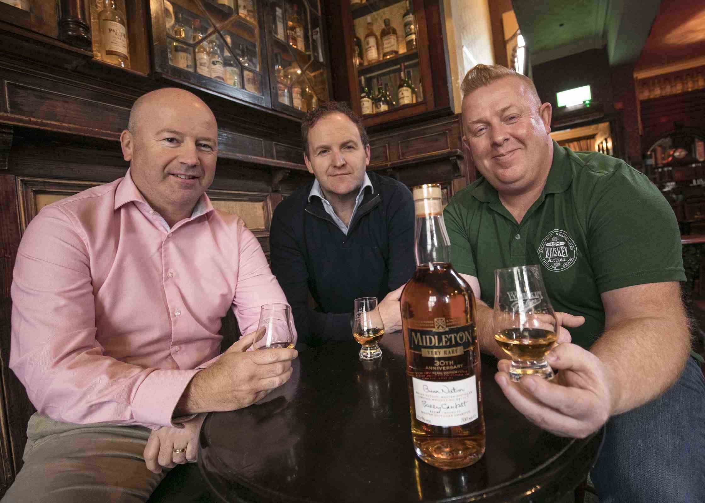 From left: Co-Investors in Irish Whiskey Auctions Bankers Bar’s Alan Campbell and the Palace Bar’s Willie Aherne with Anthony Sheehy, Founder.