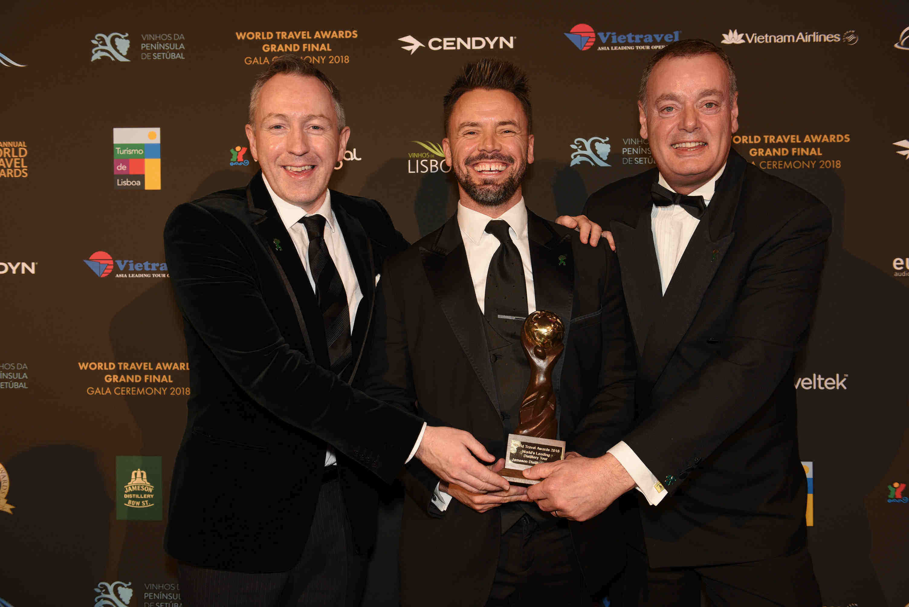 Show-offs (from left): Greg Hughes, John Carroll and Ray Dempsey of Jameson Distillery Bow St with their award naming Jameson Distillery Bow St as the World’s Leading Distillery Tour at the World Travel Awards Gala Ceremony in Lisbon over the weekend.