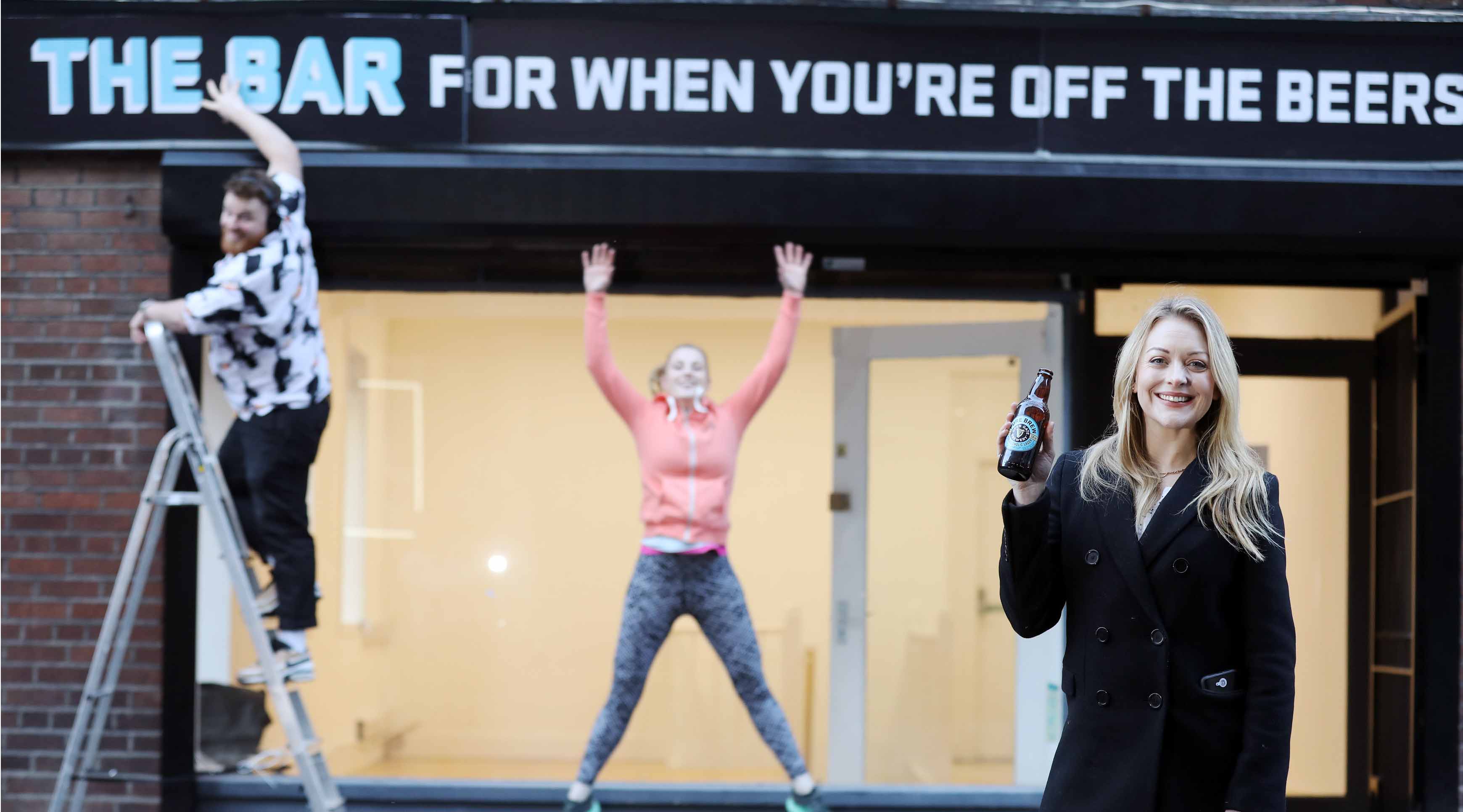 From left: DJ Marcus O'Laoire, Fearless Moves Fitness founder Julie Blakeney and Sarah Gilligan, Pure Brew Senior Brand Manager at Pure Brew non-alcoholic lager’s 'The Bar For When You're Off The Beers'.