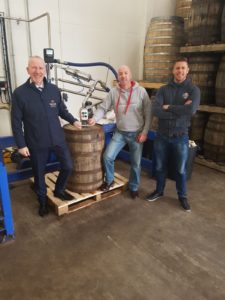 Filling Dick Mack’s Coffee Stout Cask at Walsh Whiskey Distillery back in January 2018 were (from left): Walsh Whiskey, Managing Director Bernard Walsh with Dick Mack’s Peter White and Finn McDonnell.
