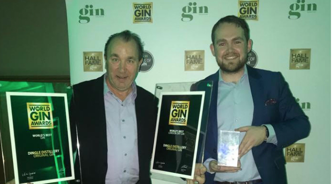 Double Win: Liam LaHart & Elliot Hughes of Dingle Original Gin with the awards for 'World's Best Gin' and 'World's Best London Dry Gin'.
