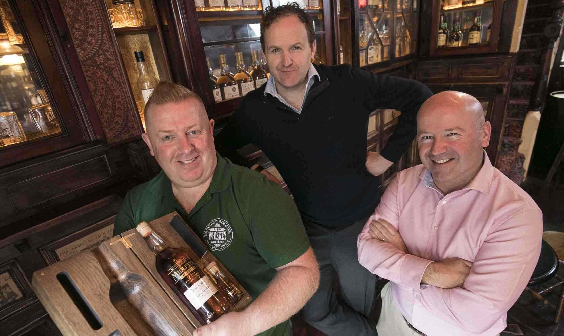 From left: Founder of Irish Whiskey Auctions Anthony Sheehy with co-investors Willie Aherne, owner of the iconic Palace Bar in Dublin’s Fleet Street and Alan Campbell, owner of The Bankers Bar on Trinity Street, Dublin.