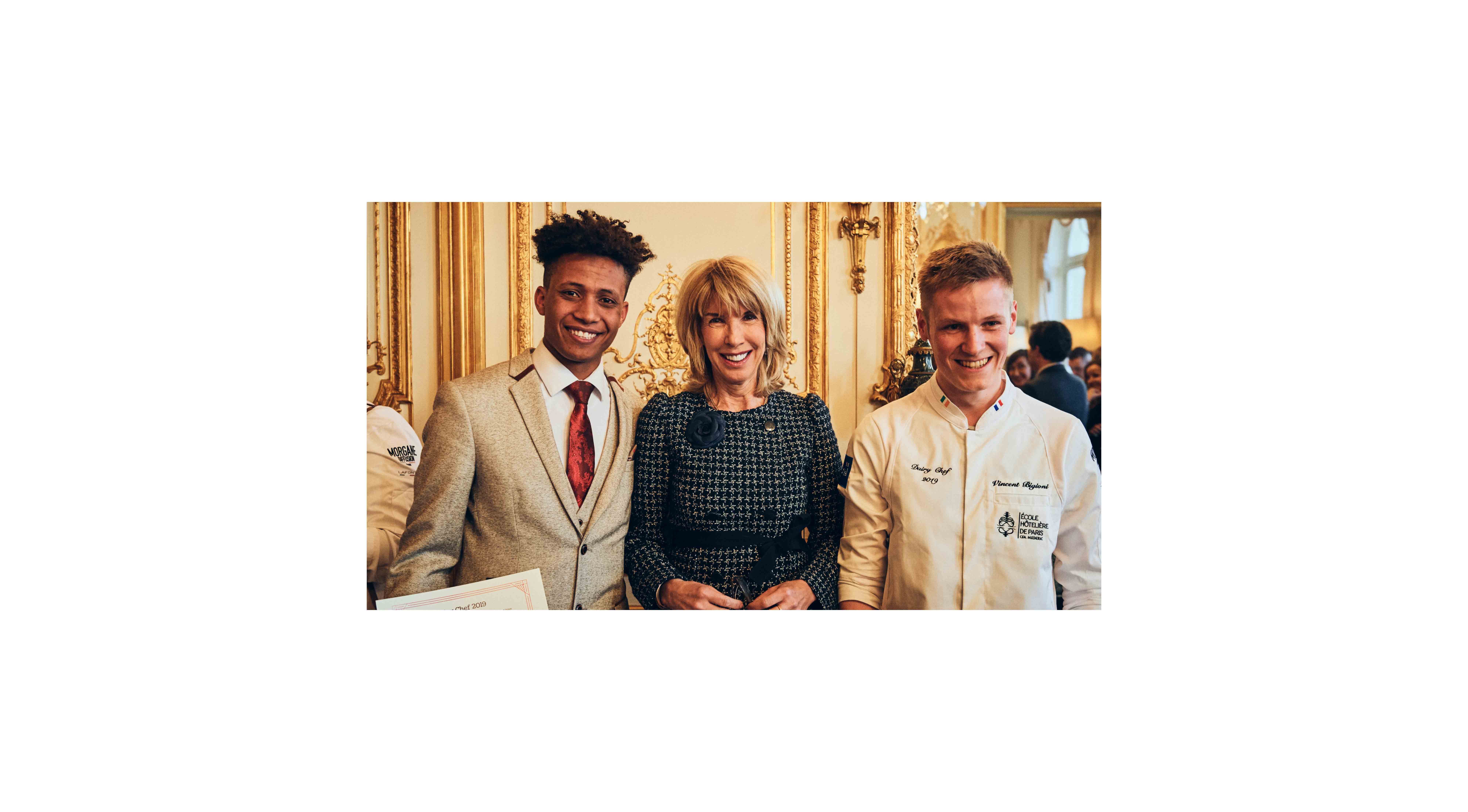 At the Irish Embassy in Paris are winning Irish student Danay Berhane from Cork Institute of Technology, HE Ms Patricia O'Brien (Irish Ambassador to France) and French winning student Vincent Bigioni from the Institut Paul Bocuse in France.