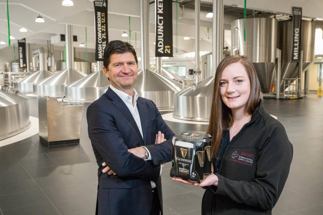 From left: Diageo Ireland Country Director Oliver Loomes with Brewer Orla Gill and the new 100% recyclable and biodegradable sustainably-sourced cardboard packs.