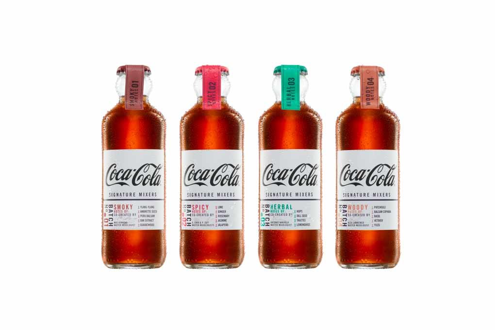 The four Coca-Cola Signature Mixers will be served in a contemporary Hutchinson glass bottle.
