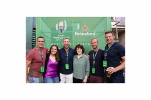 At Meeting House Square, Dublin, for the official launch of the Heineken ‘Star in Japan’ event were (from left): Alan Quinlan, Fiona Coughlan, Stephen Ferris, Andrea Farrell, Wayne Barnes, Malcolm O'Kelly.