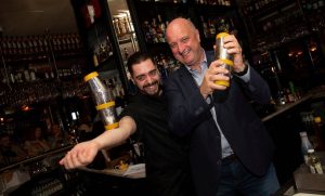 Thomas Short of Zozimus and Patrick J Rigney celebrate Drumshanbo Gunpowder Irish Gin’s winning of the first-ever Best Gin ‘Oscar’ for an Irish gin.