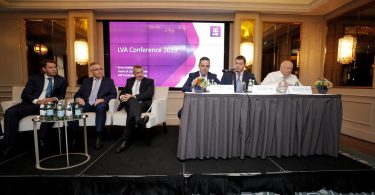At the LVA Conference 2019 were (from left): AIB’s Head of Licensed Trade Lending Brian Gallagher, Director of Commercial Property Lending with Finance Ireland Niall King, Director of Licensed and Leisure with Morrissey’s Lisney Tony Morrissey, LVA Chairman Ronan Lynch, LVA Vice Chairman Noel Anderson and LVA Chief Executive Donall O’Keeffe.