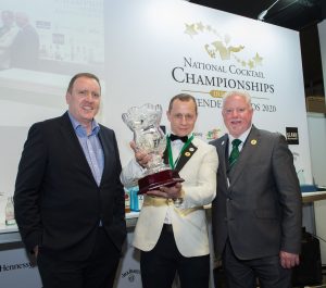 From left: John Cassidy, Commercial Director of Edward Dillon & Co with this year’s National Cocktail Championship & Bartender of the Year at Food & Bev Live Michal Lis and BAI President Declan Byrne.