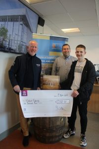 From left: Bernard Walsh of Walsh Whiskey, with Dr David Phelan of the Institute of Technology Carlow, presenting the fourth Annual Walsh Whiskey Bursary cheque for €1,000 to Second Year student Vladimir Rybnicky.