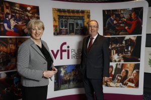 Minister for Rural and Community Development Heather Humphreys TD, with outgoing VFI Chief Executive Padraig Cribben at this year's VFI AGM in Tullamore. The Minister paid tribute to Padraig’s 14-year stint as VFI Chief Executive, particularly his “constructive and pragmatic” approach to the Covid crisis that led to pubs closing for an extended period.