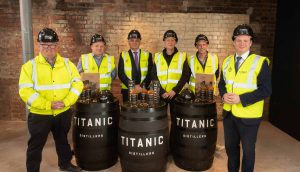 At the announcement in the Titanic Pump-house are (from left): Peter and Sean Lavery of Titanic Distillers, Invest NI Interim Chief Executive Mel Chittock, Richard Irwin and Stephen Symington of Titanic Distillers and NI Economy Minister Gordon Lyons.