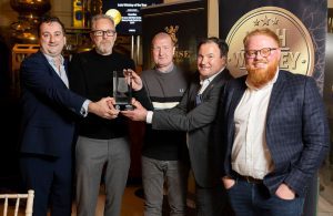 The IWA's William Lavelle with Echlinville Distillers Jarlath Watson and Greg McClelland, Irish Distillers Brand Advocacy Manager & IWA 2022 Keynote speaker Gerard Garland and Echlinville's Head of Global Sales Stephen Magennis. 