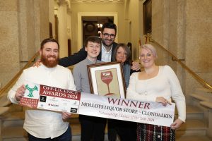 Molloys Liquor Store, Clondalkin awarded National Off-Licence of the Year at 28th industry Awards. Pictured are Sean Collins, assistant manager, Molloys Clondalkin, Luke McGovern, sales assistant, Richard Molloy, M.D., Sabrina Ellis, sales assistant and Hazel Fitzgibbon, store manager